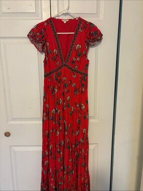 Max Studio Red Floral V-Neck Maxi with Embroidered Trim